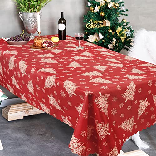 BETESSIN Tischdecke Weihnachten 150x180cm in Rot - Abwaschbare Weihnachtstischdecke aus Polyester, Wiederverwendbare XmasTischdecke für Weihnachten Tischdekoration usw. von BETESSIN
