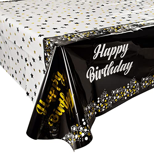 2 Stück 137x183cm Tischdecken Geburtstag Schwarz Happy Birthday Tischdecke Abwischbar Kunststoff Rechteckige Partytischdecke für Kindergeburtstag Junge und Mädchen usw. (Dicke: 0.025 mm) von BETESSIN