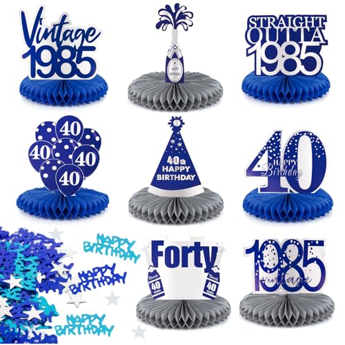 40. Geburtstag Tischdeko Set Vintage Blau Silber 8 Stk Bienenwaben Deko Tischaufsätze mit 15g Happy Birthday Konfetti Tisch Ornamente für 40. Geburtstag 40. jährige Jubiläum 40 Jahrestag usw. von BETESSIN