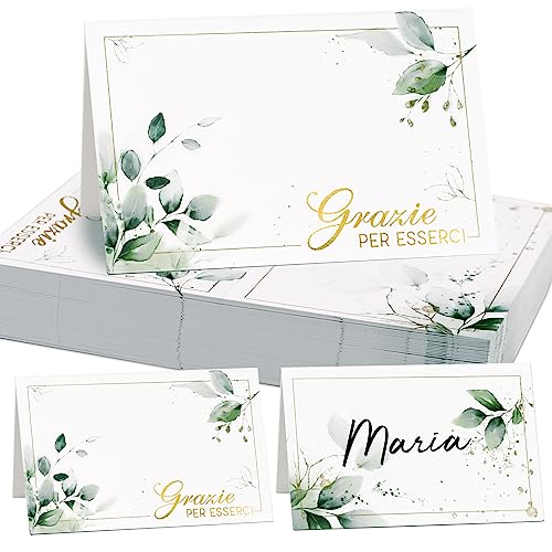 50 Pcs Tischkarten Hochzeit -Grazie per esserci- Platzkarten mit Grüner Blatt Stil Namenskarten Tischkarten für Hochzeit Kommunion Taufe usw. von BETESSIN
