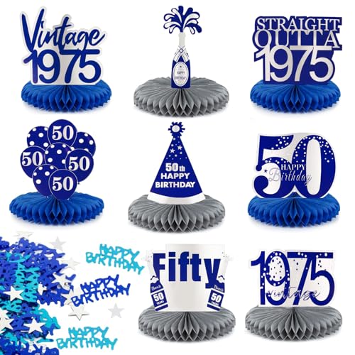 50. Geburtstag Tischdeko Set Vintage Blau Silber 8 Stk Bienenwaben Deko Tischaufsätze mit 15g Happy Birthday Konfetti Tisch Ornamente für 50. Geburtstag 50. jährige Jubiläum 50 Jahrestag usw. von BETESSIN