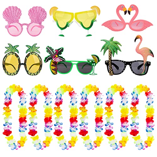 BETESSIN 6 Stück Party Brillen Hawaiian Tropical Brille Lustig mit 6 Pcs Blumenketten Kranz Hawaiianische Sommer Deko für Hawaiian Party Strand Thema Party Zubehör Foto Requisiten Aloha Party usw. von BETESSIN