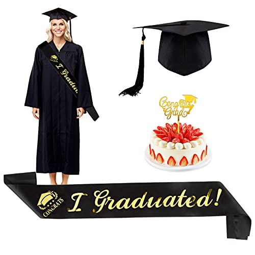 BETESSIN Abschluss Deko Set Schwarz Gold I Graduated Schärpe mit Graduation Hut und Congrats Grad Cake Topper Graduation Party Deko für Abschlussfeiern Abschlussparty Abi Foto Hintergrund usw. von BETESSIN