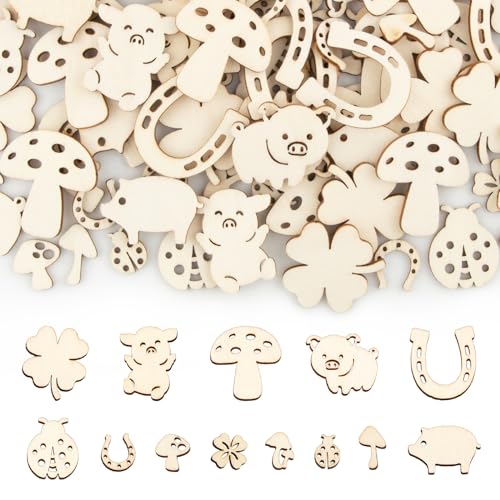 BETESSIN 100pcs Mini Holz Anhänger Streudeko Viel Glück Prüfung Abitur Bachelor Deko Glücksbringer Tischdeko Holzscheibe Kleeblatt Glücksschweine Streuteile Glückspilz Marienkäfer Konfetti zum Basteln von BETESSIN