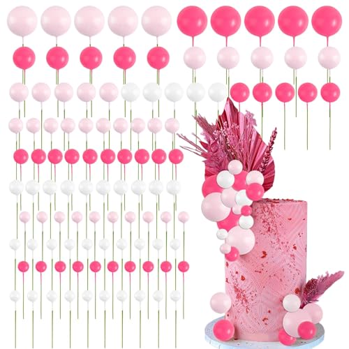 BETESSIN 105pcs Tortendeko Kugeln Happy Birthday Kuchendeko Rosenrot Rosa Schaumkugel Deko Torten Cupcake Topper Geburtstag Babyparty Hochzeit Kuchen Dekoration Kuchenaufsatz Gold Weiß 1,5cm-4cm von BETESSIN