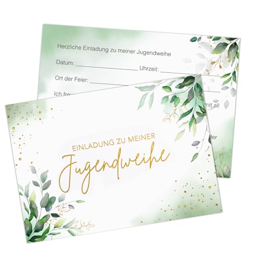 BETESSIN 12x Einladungskarten Jugendweihe Junge & Mädchen - DIN A6 Jugendweihe Karten mit Eukalyptus Design - Elegante Einladungen für Jugendliche von BETESSIN