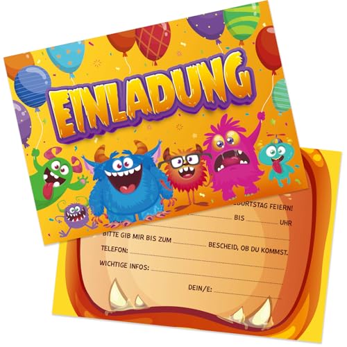 BETESSIN 12x Einladungskarten Kindergeburtstag Junge Mädchen - coole Einladungskarten mit Monster Design - Geburtstagseinladungen Kinder - Einladung für Monster Partys von BETESSIN