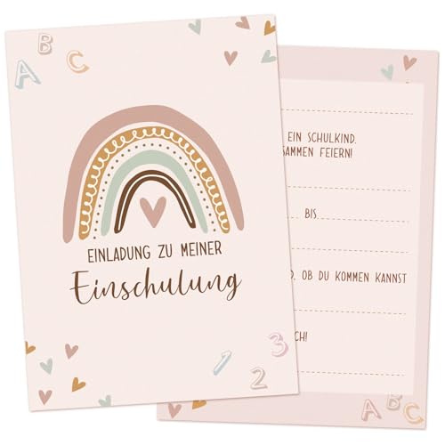 BETESSIN 12x Einschulung Einladungskarten Mädchen Rosa - Einschulungskarten mit Süßem Boho-Regenbogen Design - Einschulung Einladungen für Mädchen & Jungen Einschulungsfeier uvm. von BETESSIN