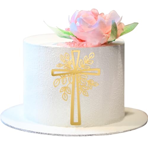 BETESSIN 1Pc Kuchendeko Kreuz Gold Acryl Torte Deko Cake Topper 17,5x11cm Spiegel Kuchen Dekoration Set mit Blättern für Taufe Hochzeit Geburtstag Babyparty Kommunion von BETESSIN