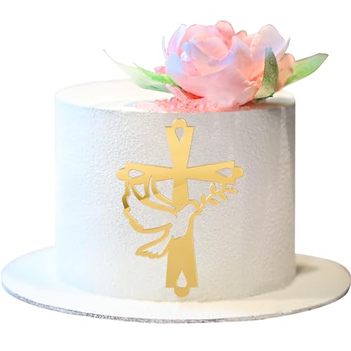 BETESSIN 1Pc Kuchendeko Kreuz Gold Acryl Torte Deko Taube Cake Topper 17,5x12cm Spiegel Kuchen Dekoration Set für Taufe Hochzeit Geburtstag Babyparty Kommunion von BETESSIN