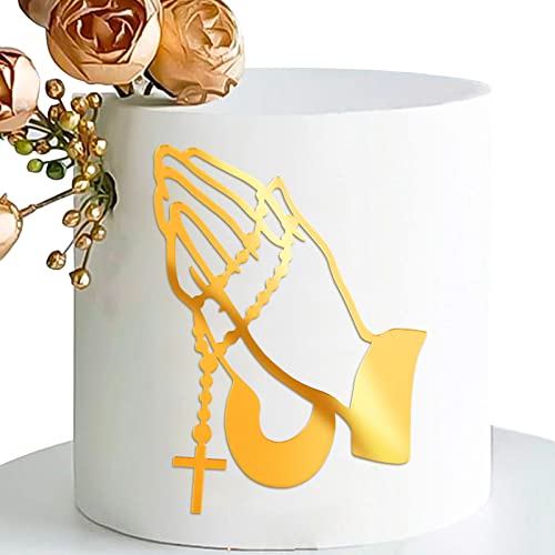 BETESSIN 1Pc Kuchendeko Kreuz Gold Acryl Torte Deko Gefaltete Hände Cake Topper 11x15cm Spiegel Kuchen Dekoration Set für Taufe Hochzeit Geburtstag Babyparty Kommunion von BETESSIN