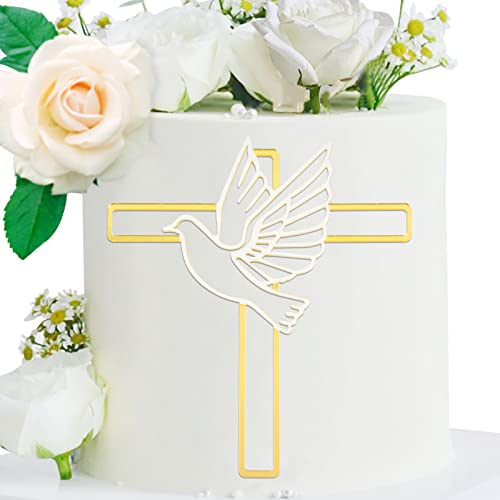 BETESSIN 1Stk. Kuchendeko Kreuz Cake Topper Taube Gold Acryl Torte Deko 16x14cm Spiegel Kuchen Dekoration Set für Hochzeit Babyparty Geburtstag Party Kommunion von BETESSIN