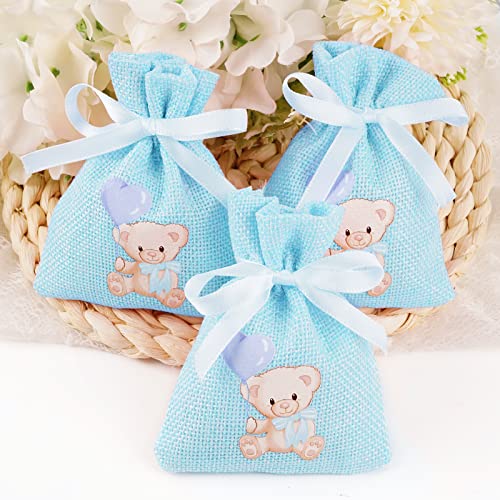 BETESSIN 24 Pcs Jute Kordelbeutel 8 x 10cm Blau Jute Säckchen mit Baby Bär Bügelbilder Muster Kleine Kordelzugtaschen für Babyshower Partydeko Babydusche Taufe Gastgeschenk usw. von BETESSIN