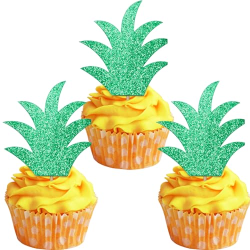 BETESSIN 24er-Pack Ananasblatt Cupcake Topper - Glitzernde Grüne Ananas Deko - Tropische Muffin Topper für Hawaii, Aloha, Luau, Sommer- und Poolpartys, Ananas-Themenfeste und mehr von BETESSIN