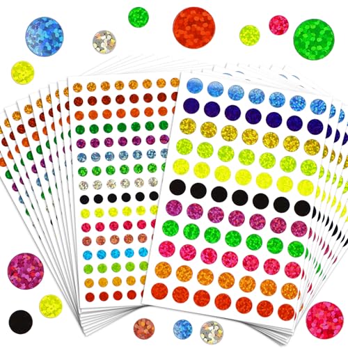 BETESSIN 2530 Stück Glitzer Aufkleber Rund - Bunte Glitzer Sticker mit Dots Motiven - Selbstklebende Belohnungssticker Kinder - Punkte Aufkleber für Scrapbook zum Basteln, uvm. von BETESSIN