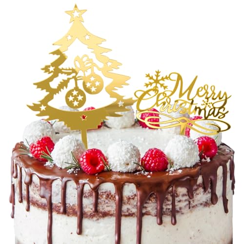 BETESSIN 2pcs Weihnachten Cake Topper Acryl Merry Christmas Kuchen Cupcake Topper Weihnachtsbaum Kuchendeko Gold Party Tortendeko für Cupcake Torten Muffins Weihnachtsfeier von BETESSIN