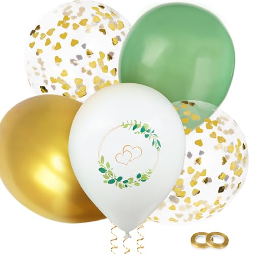 BETESSIN 30 Stück Luftballons Hochzeit - Latex Ballons 12 Zoll mit Herz Motiv - Helium Ballons Hochzeit - Hochzeitsballons für Heiratsantrag, Verlobung, Valentinstag, Hochzeitsdeko (Grün, Weiß, Gold) von BETESSIN
