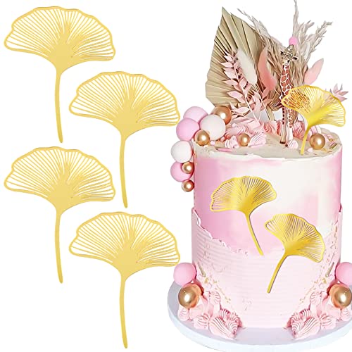 BETESSIN 4Pcs Torte Deko Acryl Ginkgo-Blatt Kuchen Dekoration Gold Cake Topper Tortendeko Geburtstag Tortenaufsatz Set für Party Feier Hochzeit von BETESSIN