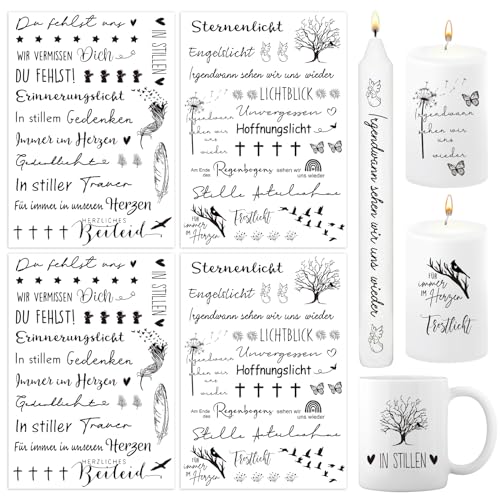 BETESSIN 4x Kerzen Tattoos Folie Trauer Sprüche Kerzentattoo Kerzenfolie Sticker Kerzensprüche Schwarz Kerzensticker Trauerlicht Stabkerzen Kleine Kerzen Tasse Dekoration von BETESSIN