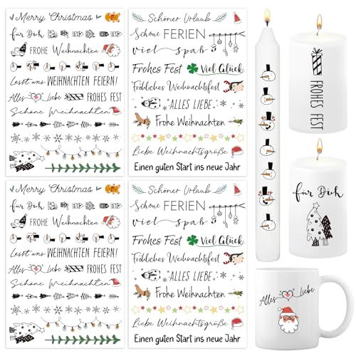 BETESSIN 4x Kerzen Tattoos Folie Weihnachten Kerzentattoo Kerzenfolie Sprüche Sticker Xmas Kerzensprüche Merry Christmas Kerzensticker für Stabkerzen Kleine Tasse DIY Geschenk Stil D von BETESSIN