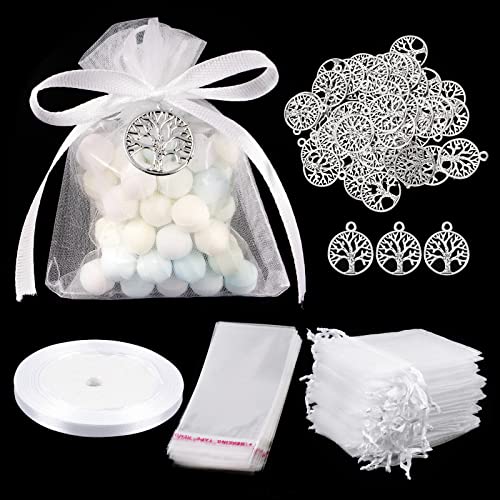 BETESSIN 50er Set Lebensbaum Mitgebsel - inkl. 50 Lebensbaum Charms Anhänger, 50 Organzasäckchen und 50 Plastiktüten - Gastgeschenke zur Hochzeit, Kommunion, Konfirmation, Taufe uvm. von BETESSIN