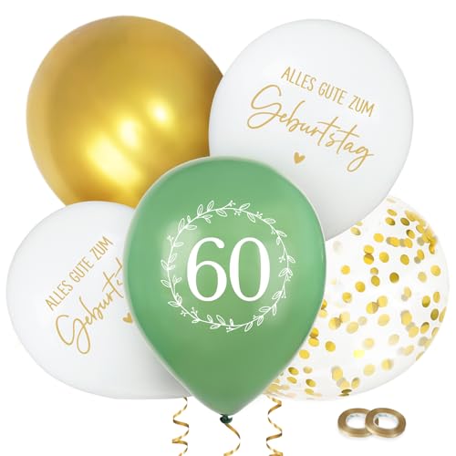 BETESSIN 60 Geburtstag Deko Grün Weiß Gold - 24 Stück Luftballons 60. Geburtstag Mann & Frau - Latex Ballon 12 Zoll - Geburtstagsdeko zum 60. für Frauen & Männer von BETESSIN