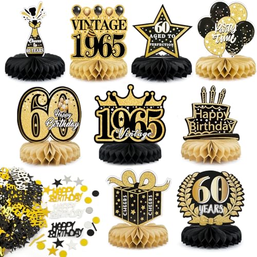 BETESSIN 60. Geburtstag Deko Männer Schwarz Gold - inkl. 9 Stück Bienenwabe Mittelstück und 15g Happy Birthday Konfetti - Tischdekoration zum 60. Geburtstag für Männer und Frauen BETESSIN 60. Geburtstag Deko Männer Schwarz Gold - inkl. 9 Stück Bienenwabe Mittelstück und 15g Happy Birthday Konfetti - Tischdekoration zum 60. Geburtstag für Männer und Frauen von BETESSIN
