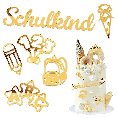 BETESSIN 6Stk. Schulanfang Kuchendeko Schulkind Tortendeko Acryl Cake Topper Einschulung Gold Tortentopper Kuchen Torten Dekoration Cupcake Muffin Topper Kuchenaufsatz von BETESSIN