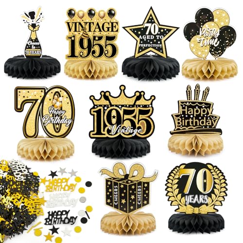 70. Geburtstag Tischdeko Set Schwarz Gold 9 Stk Bienenwaben Deko Tischaufsätze mit 15g Happy Birthday Konfetti Tischdekoration für 70. Geburtstag 70. jährige Jubiläum 70 Jahrestag usw. von BETESSIN