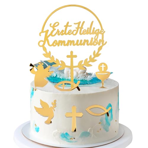 BETESSIN 7pcs Kommunion Cake Topper Erste Heilige Kommunion Kuchen Deko Taufe Torten Topper Acryl Tortendeko Gold Fisch Kreuz Taube Komfirmation Kuchenaufstecker Tortenaufsatz von BETESSIN