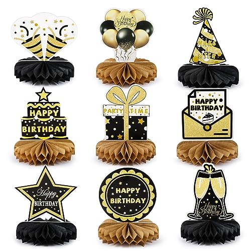 9 Pcs Geburtstag Bienenwaben Deko Papier Schwarz Gold Happy Birthday Tisch Ornamente Papier Tischdekoration für Geburtstag Party Tischaufsätze usw. von BETESSIN