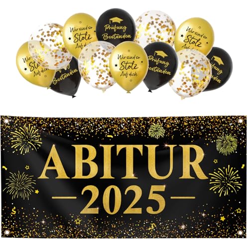 BETESSIN ABI 2025 Deko Schwarz-Gold - Abitur 2025 Banner 180x90cm mit 12 Luftballons - Graduation Dekoration für Abi Abschlussfeiern und Abitur Prüfungserfolge von BETESSIN