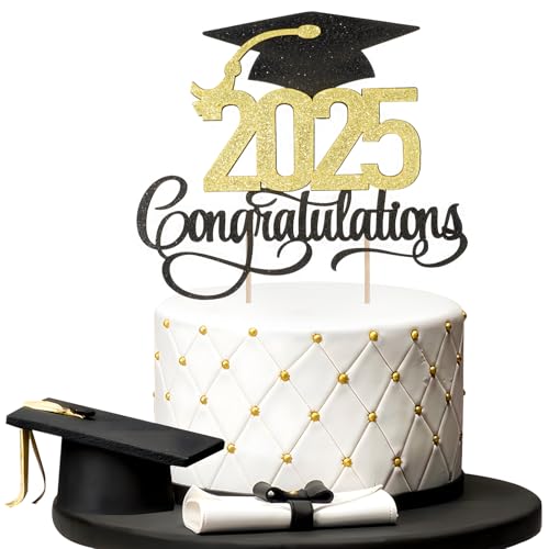 BETESSIN Abschluss Cake Topper 2025 Graduation Kuchen Deko 2025 Congratulations Cupcake Topper Glitzer Abschlussfeier Torten Deko Bachelor Hut Deko Papier Kuchenstecker Schwarz Gold B von BETESSIN