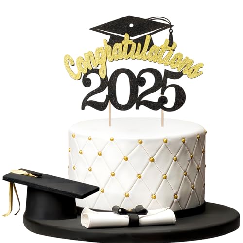 BETESSIN Abschluss Cake Topper 2025 Graduation Kuchen Deko Congratulations 2025 Cupcake Topper Glitzer Abschlussfeier Torten Deko Bachelor Hut Deko Papier Kuchenstecker Schwarz Gold A von BETESSIN
