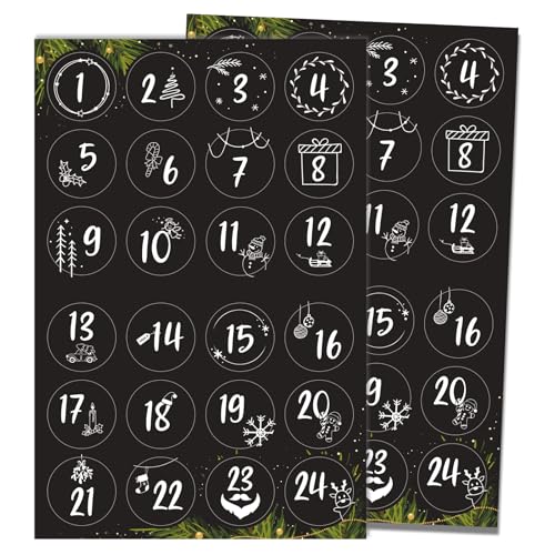 BETESSIN Adventskalender Zahlen Aufkleber Schwarz - 2 Bögen Adventsaufkleber mit Weihnachtsmotiven - Adventskalender Aufkleber 1-24 (4 cm ø) von BETESSIN