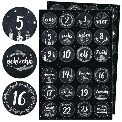 BETESSIN Adventskalender Zahlen Aufkleber Schwarz - 2 Bögen Adventsaufkleber mit Weihnachtsmotiven - Runde Adventskalender Aufkleber 1-24 (4cm Ø) von BETESSIN