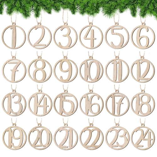 BETESSIN Adventskalender Zahlen Holz 1-24 - Runde Holzzahlen Anhänger für Adventskalender zum Basteln Weihnachtskalender, Weihnachtsdeko, Geschenkanhänger uvm. (ø 4 cm) von BETESSIN