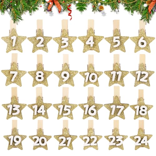 BETESSIN Adventskalender Zahlen Holz Gold Glitzer - 24 Sternfömige Klammern mit Zahlen 1-24 - Holzklarmmern für Adventskalender zum selber Basteln - Holzzahlen für Weihnachtskalender, Weihnachtsdeko BETESSIN Adventskalender Zahlen Holz Gold Glitzer - 24 Sternfömige Klammern mit Zahlen 1-24 - Holzklarmmern für Adventskalender zum selber Basteln - Holzzahlen für Weihnachtskalender, Weihnachtsdeko von BETESSIN