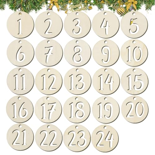 BETESSIN Adventskalender Zahlen Holz - Holzzahlen 1-24 für Adventskalender zum Basteln - runde Holzanhänger mit ausgestanzten Zahlen für Weihnachtskalender, Weihnachtsdeko, Geschenkanhänger (4 cm ø) von BETESSIN