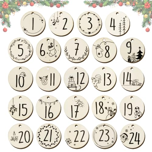 BETESSIN Adventskalender Zahlen Holz - Schwarze Holzzahlen 1-24 für Adventskalender zum Basteln - runde Holzanhänger Zahlen für Weihnachtskalender, Weihnachtsdeko, Geschenkanhänger uvm. (ø4 cm) von BETESSIN