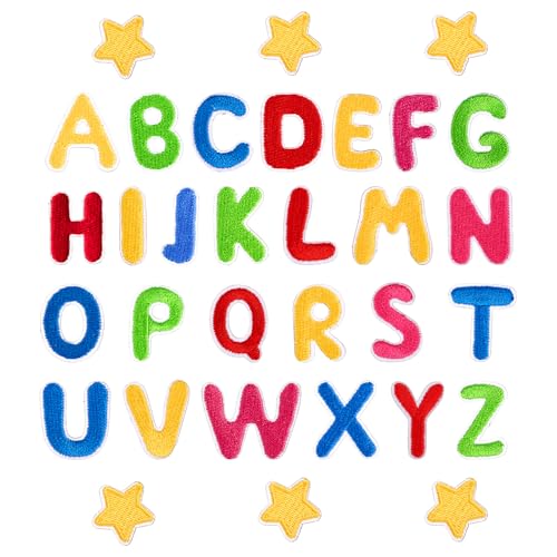 BETESSIN Buchstaben zum Aufnähen - 26 Aufnäher Buchstaben A-Z Alphabet & 6 Sterne - Buchstaben Patches zum Aufkleben - Selbstklebende Applikationen für DIY, Kleidung, Jacken, Jeans, Taschen uvm. von BETESSIN