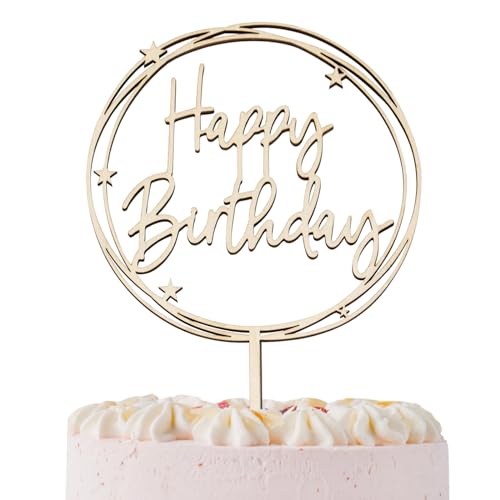 BETESSIN Happy Birthday Cake Topper Holz - Geburtstag Tortendeko mit Sternenrahmen - Tortenstecker für Geburtstagstorte - Kuchendekoration zum Geburtstag für Kinder und Erwachsene von BETESSIN