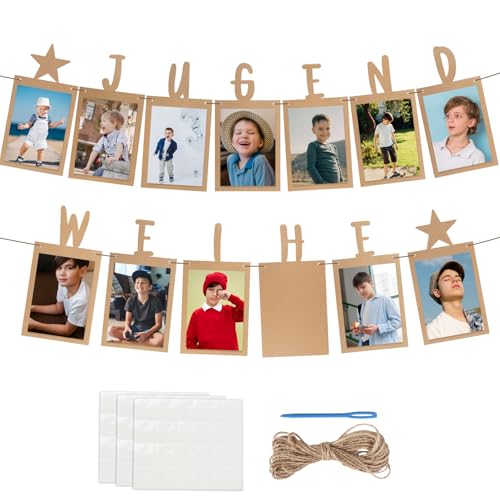 BETESSIN Jugendweihe Deko Neutral - Originelle Fotogirlande zur Jugendweihe - inkl. 13 Kraftpapier Karten für Fotos von 1 bis 13 Jahre - Hängende Wanddekoration für Junge & Mädchen von BETESSIN