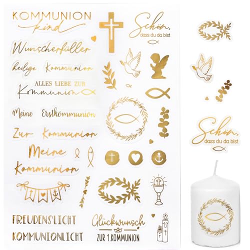 BETESSIN Kommunion Aufkleber Gold - 5 Bögen Selbstklebende Sticker für Scrapbooking, Karten, Alben und Kerzengestaltung zur Kommunion von BETESSIN