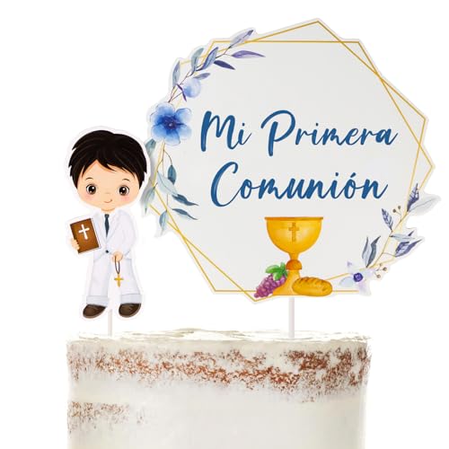 BETESSIN Kommunion Tortendeko Spanisch - Mi Primera Comunión - Cake Topper Blau - Kuchendekoration zür Kommunion (Blau) von BETESSIN