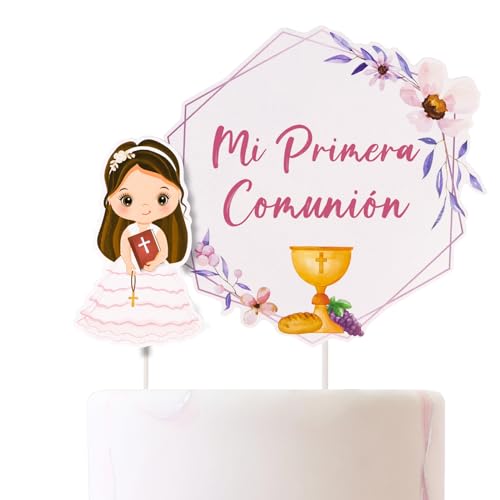 BETESSIN Kommunion Tortendeko Spanisch - Mi Primera Comunión - Cake Topper Blau - Kuchendekoration zür Kommunion (Rosa) von BETESSIN