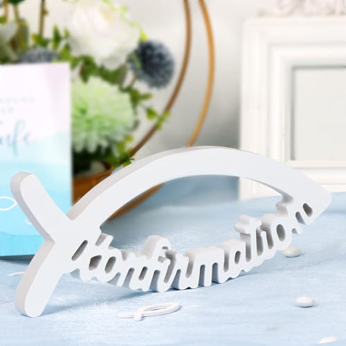 BETESSIN Holzfisch Konfirmation Deko Mädchen und Jungen - Konfirmation Geschenk und Tischdeko für Konfirmationsfeier - 27x11x1.5CM, Weiß von BETESSIN
