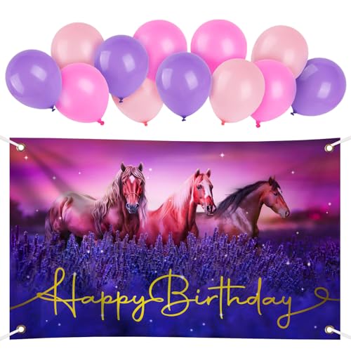 BETESSIN Banner Geburtstag Mädchen - inkl. Happy Birthday Banner mit Pferd Design und 12 Luftballons - Pferd Dekoration für Mädchen zum Kindergeburtstag und Pferd Party von BETESSIN