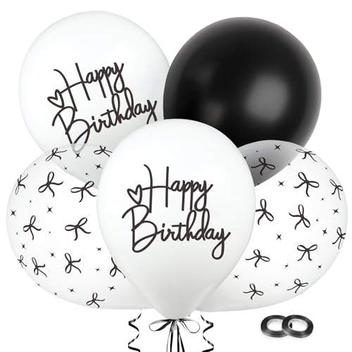 BETESSIN Schwarze Luftballons Geburtstag - 30 Stück Happy Birthday Ballons Schwarz Weiß – 12 Zoll Latex Ballons mit Schleifen Motiv - Helium Ballon Geburtstag - Geburtstagsdeko für Junge & Mädchen von BETESSIN