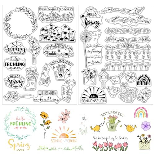 BETESSIN Silikon Stempel Blumen Blätter 2Blatt Transparente Frühling Sprüche Clear Deutsch Stempelset Stempelmotive zum Kartenbasteln DIY Geschenk Scrapbooking von BETESSIN